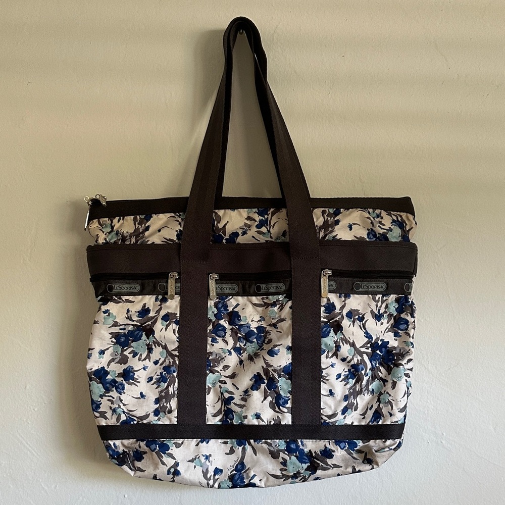 Lesportsac Blue and white watercolor Floral Tote with gray straps